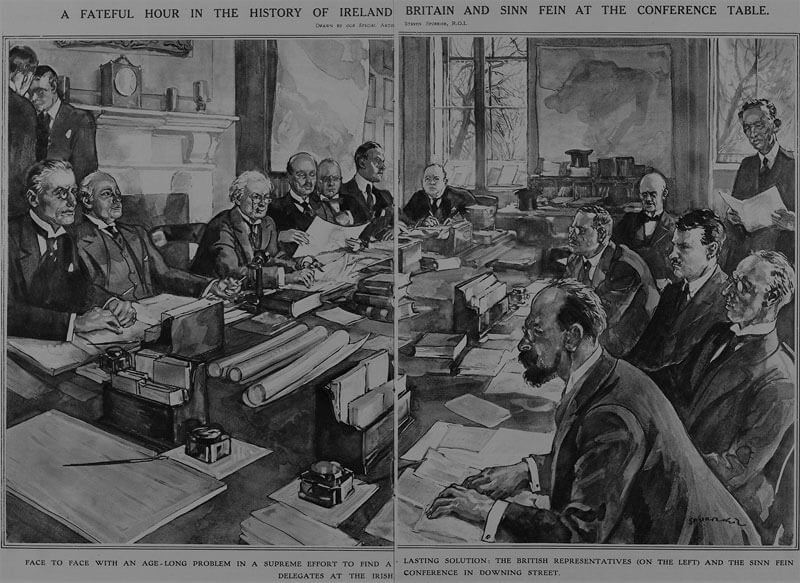 A drawing that appeared in the London Illustrated News depicting the British and Irish delegations in Downing Street London at the start of the Treaty negotiations