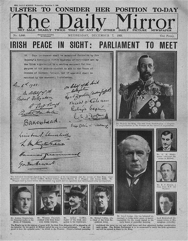 The front page of the Daily Mirror of 7 December 1921 reporting the signing of the Articles of Agreement