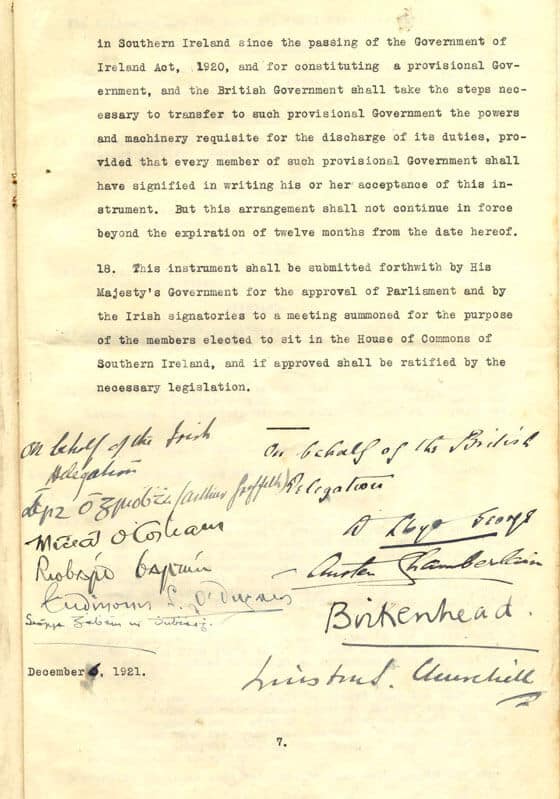 The last page of the Articles of Agreement for a Treaty Between Great Britain and Ireland signed in London on 6 December 1921